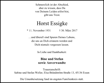 Traueranzeige von Horst Essigke von Stadtanzeiger Velbert + Heiligenhaus