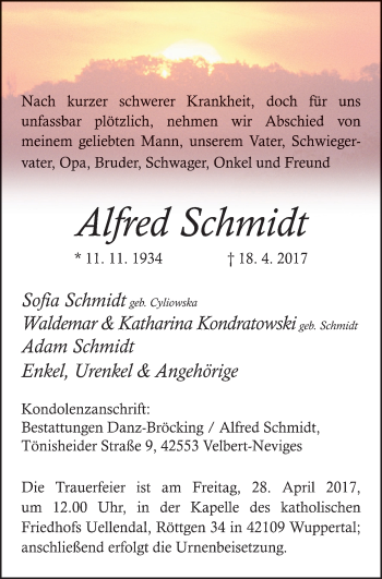Traueranzeige von Alfred Schmidt von Stadtanzeiger Velbert + Heiligenhaus