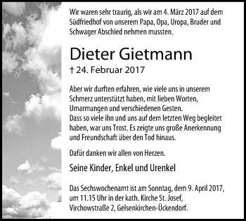 Traueranzeige von Dieter Gietmann von Stadtspiegel Gelsenkirchen