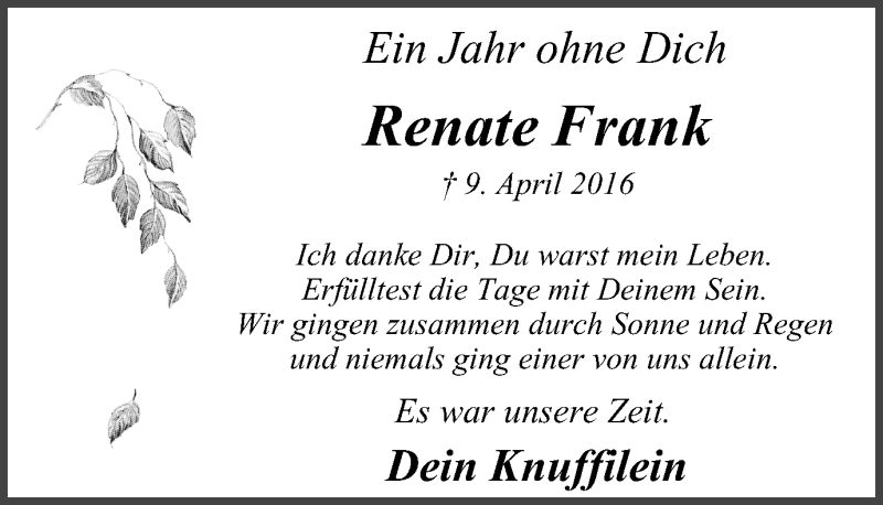  Traueranzeige für Renate Frank vom 08.04.2017 aus Lüner Anzeiger