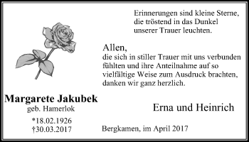 Traueranzeige von Margarete Jakubek von Stadtspiegel Kamen + Unna