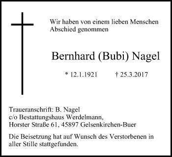 Traueranzeige von Bernhard Nagel von Stadtspiegel Gelsenkirchen