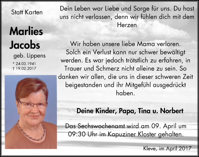  Traueranzeige für Marlies Jacobs vom 01.04.2017 aus Klever Wochenblatt
