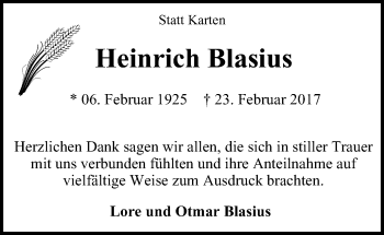 Traueranzeige von Heinrich Blasius von Wochen-Anzeiger Langenfeld/Monheim/Hilden