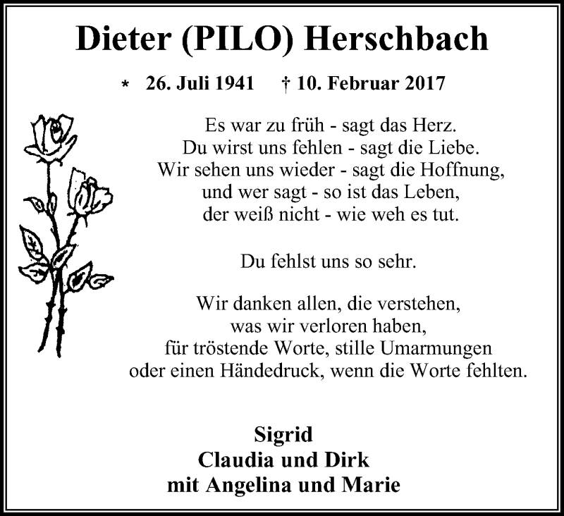  Traueranzeige für Dieter Herschbach vom 01.04.2017 aus Wochen-Anzeiger Oberhausen