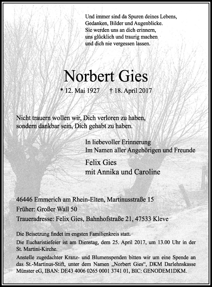  Traueranzeige für Norbert Gies vom 22.04.2017 aus Stadtanzeiger Emmerich/Rees/Isselburg