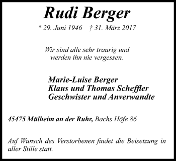 Traueranzeige von Rudi Berger von Mülheimer Woche