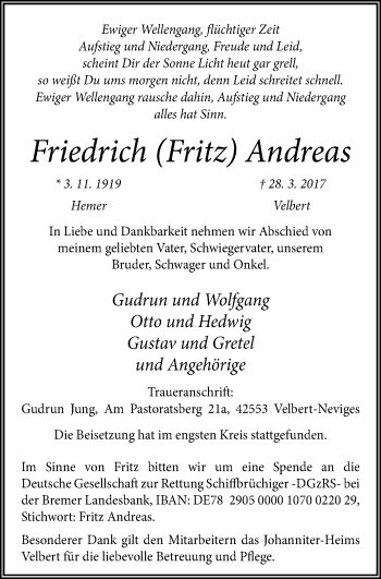 Traueranzeige von Friedrich  Andreas von Stadtspiegel Iserlohn + Hemer