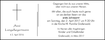 Traueranzeige von Anni Langehegermann von Stadtspiegel Bottrop