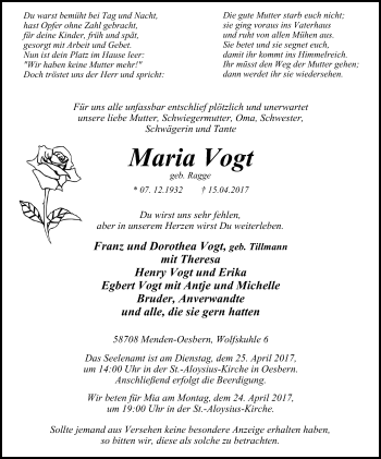Traueranzeige von Maria Vogt von Stadtspiegel Menden + Froendenberg