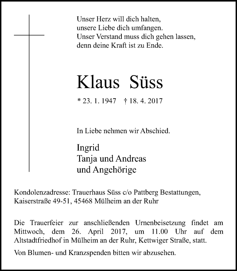  Traueranzeige für Klaus Süss vom 22.04.2017 aus Mülheimer Woche
