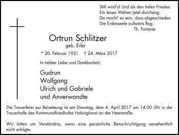 Traueranzeige von Ortrun Schlitzer von Stadtanz.Castrop-Rauxel