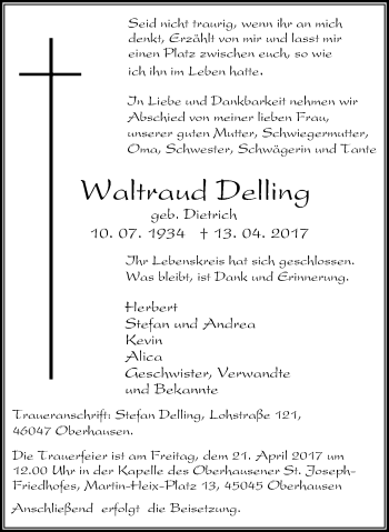 Traueranzeige von Waltraud Delling von Wochen-Anzeiger Oberhausen