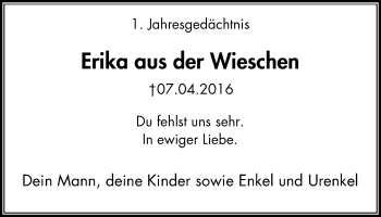 Traueranzeige von Erika aus der Wieschen von Mülheimer Woche