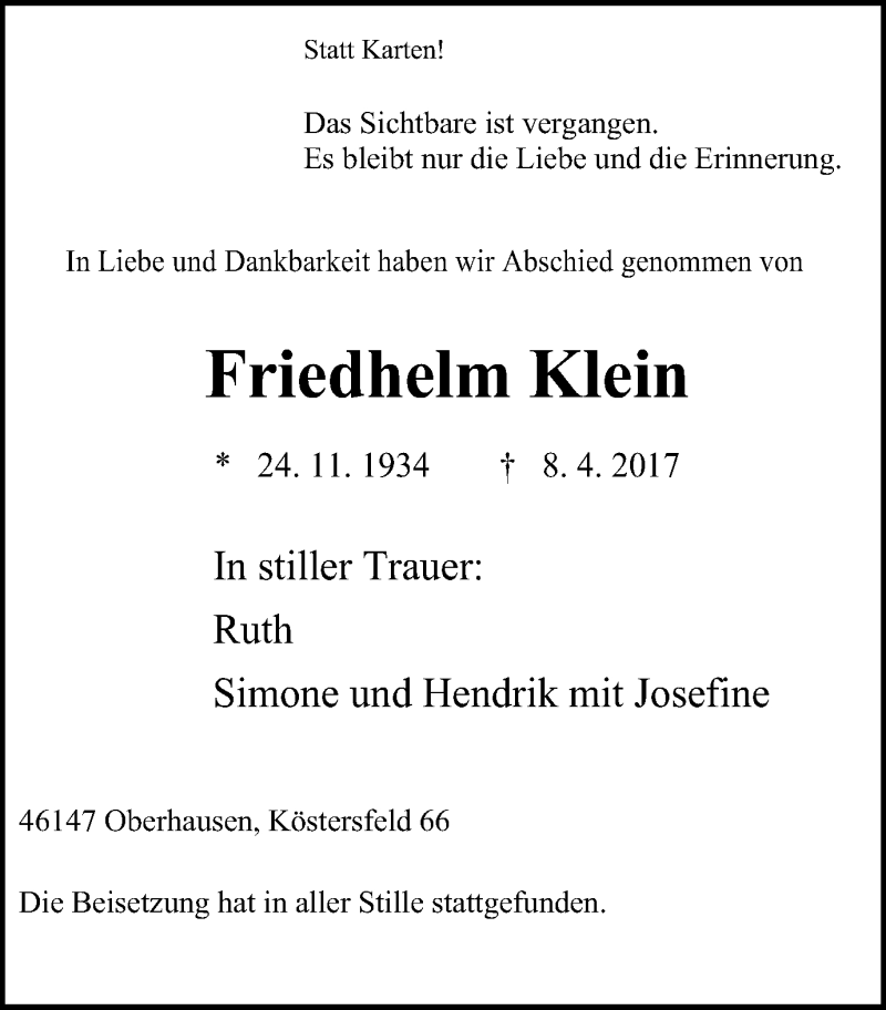  Traueranzeige für Friedhelm Klein vom 22.04.2017 aus Wochen-Anzeiger Oberhausen