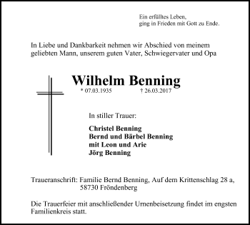 Traueranzeige von Wilhelm Benning von Stadtspiegel Menden + Froendenberg