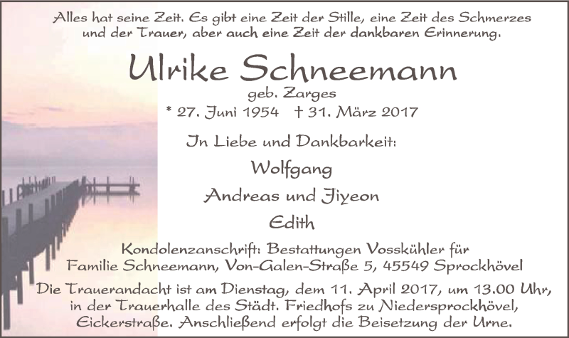  Traueranzeige für Ulrike Schneemann vom 08.04.2017 aus Stadtspiegel Hattingen/Niedersprockhövel