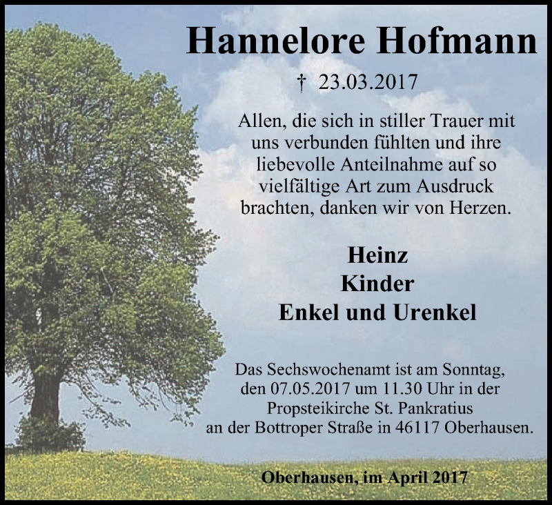  Traueranzeige für Hannelore Hofmann vom 19.04.2017 aus Wochen-Anzeiger Oberhausen