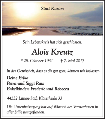 Traueranzeige von Alois Kreutz von Lüner Anzeiger