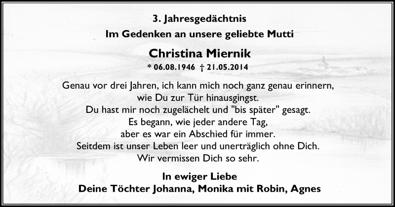  Traueranzeige für Christina Miernik vom 27.05.2017 aus Stadtspiegel Iserlohn + Hemer