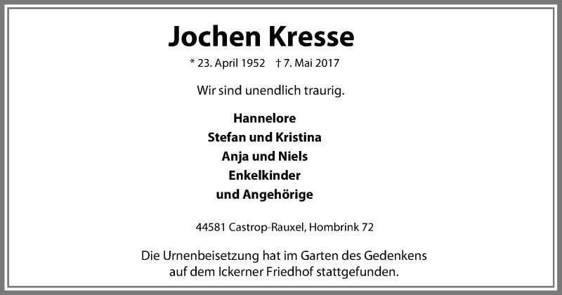  Traueranzeige für Jochen Kresse vom 20.05.2017 aus Stadtanz.Castrop-Rauxel