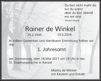Traueranzeige von Rainer de Winkel von Gocher Wochenblatt