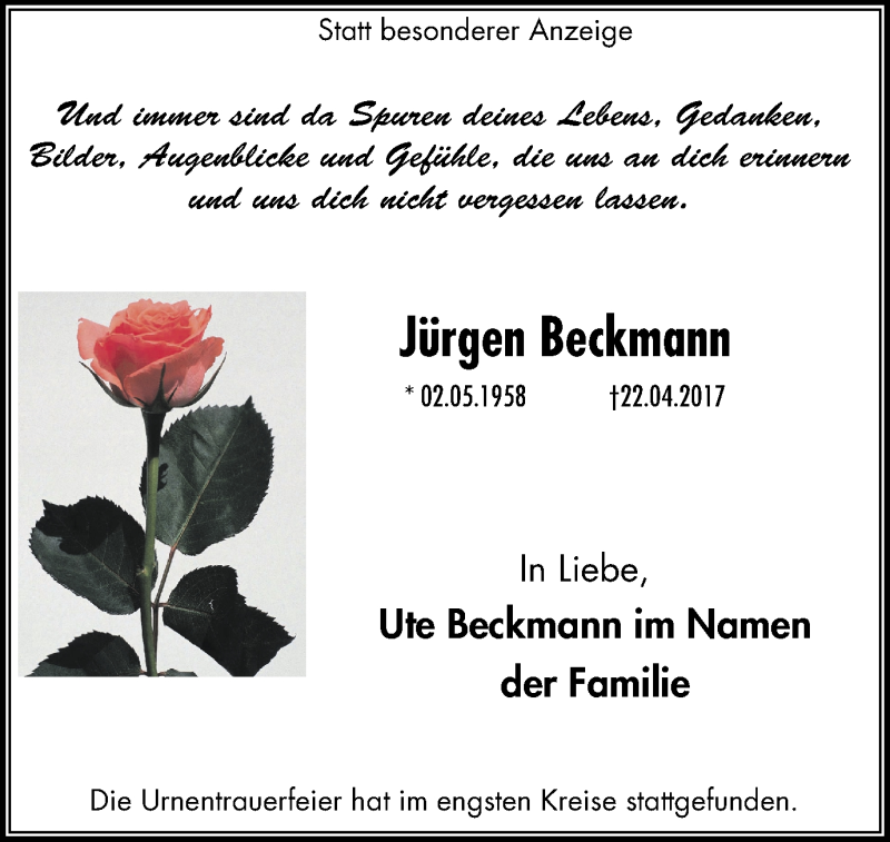  Traueranzeige für Jürgen Beckmann vom 10.05.2017 aus Mülheimer Woche