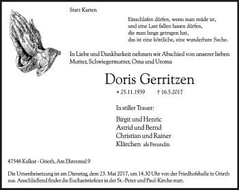 Traueranzeige von Doris Gerritzen von Klever Wochenblatt
