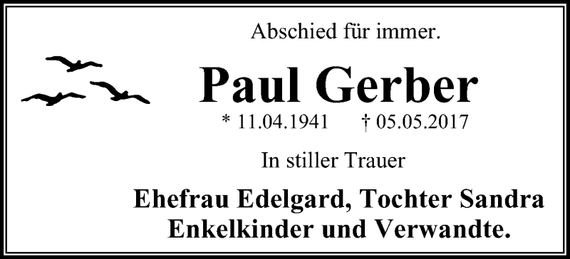  Traueranzeige für Paul Gerber vom 17.05.2017 aus Stadtspiegel Kamen + Unna