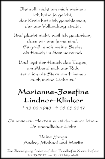 Traueranzeige von Marianne-Josefine Lindner-Klinker von Stadtanzeiger Velbert + Heiligenhaus