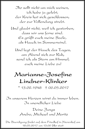 Traueranzeige von Marianne-Josefine Lindner-Klinker von Stadtanzeiger Velbert + Heiligenhaus