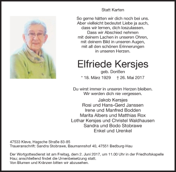 Traueranzeige von Elfriede Kersjes von Klever Wochenblatt