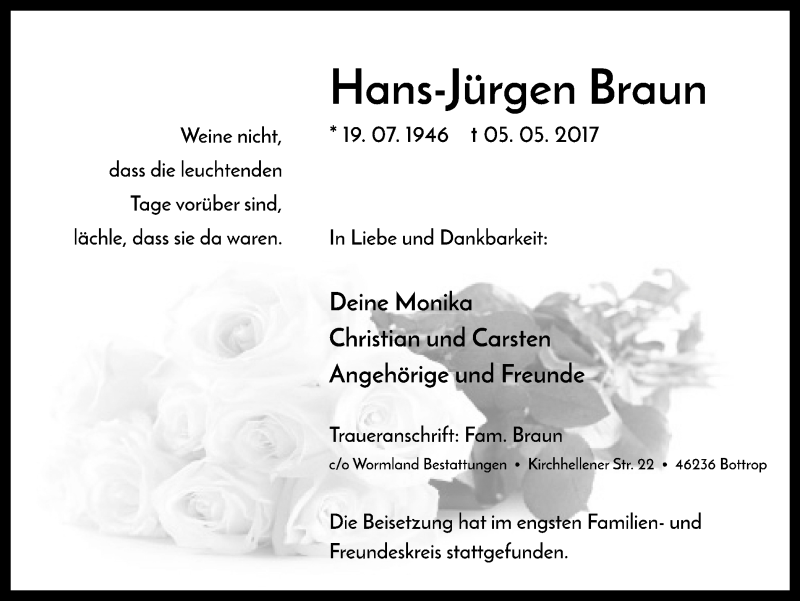  Traueranzeige für Hans-Jürgen Braun vom 20.05.2017 aus Stadtspiegel Bottrop