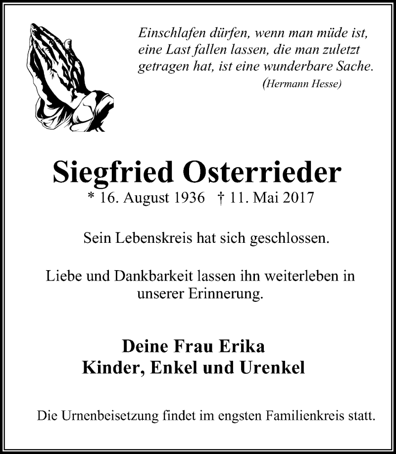  Traueranzeige für Siegfried Osterrieder vom 20.05.2017 aus Stadtanz.Castrop-Rauxel