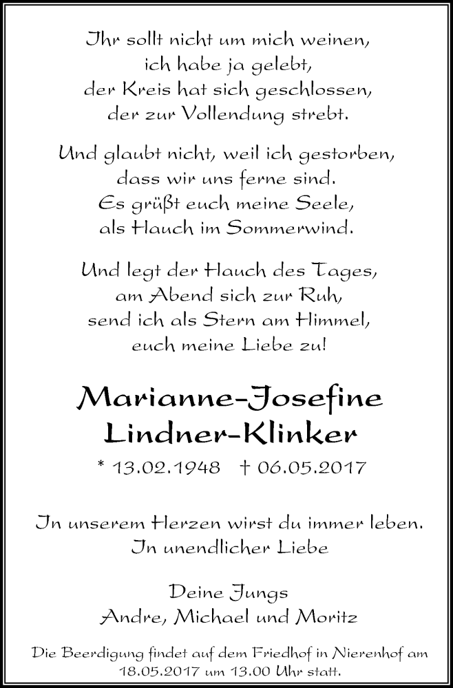  Traueranzeige für Marianne-Josefine Lindner-Klinker vom 13.05.2017 aus Stadtanzeiger Velbert + Heiligenhaus