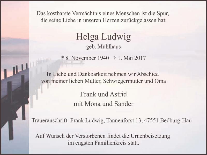  Traueranzeige für Helga Ludwig vom 17.05.2017 aus Klever Wochenblatt