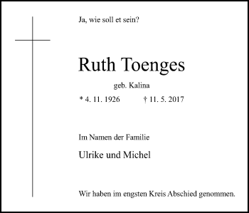 Traueranzeige von Ruth Toenges von Mülheimer Woche