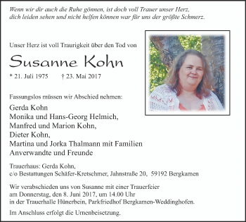 Traueranzeige von Susanne Kohn von Stadtspiegel Kamen + Unna