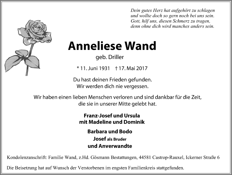  Traueranzeige für Anneliese Wand vom 24.05.2017 aus Stadtanz.Castrop-Rauxel
