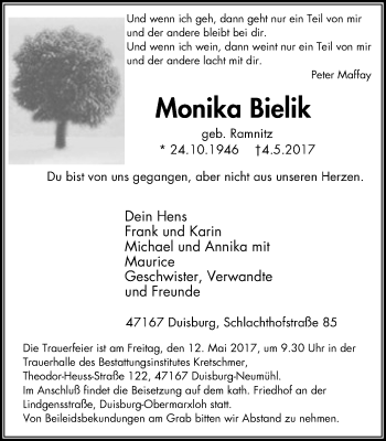 Traueranzeige von Monika Bielik von Wochen-Anzeiger Duisburg