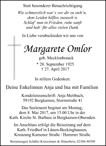 Traueranzeige von Margarete Omlor von Lüner Anzeiger