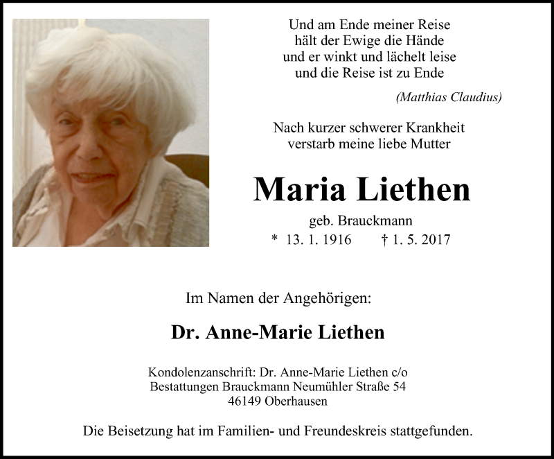  Traueranzeige für Maria Liethen vom 10.05.2017 aus Wochen-Anzeiger Oberhausen