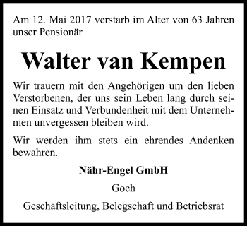Traueranzeige von Walter van Kempen von Gocher Wochenblatt