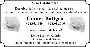 Traueranzeige von Günter Büttgen von Wochen-Anzeiger Oberhausen