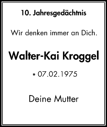 Traueranzeige von Walter-Kai Kroggel von Mülheimer Woche