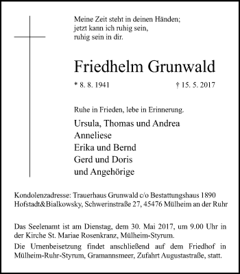 Traueranzeige von Friedhelm Grunwald von Mülheimer Woche