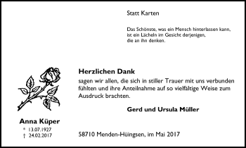 Traueranzeige von Anna Küper von Stadtspiegel Menden + Froendenberg
