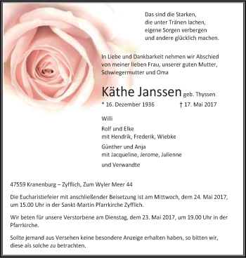 Traueranzeige von Käthe Janssen von Klever Wochenblatt