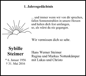 Traueranzeige von Sybille Steimer von Wochen-Anzeiger Oberhausen