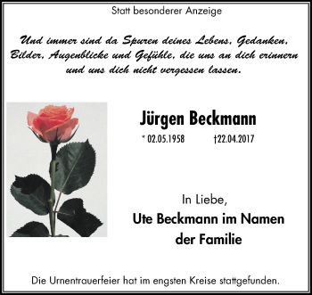 Traueranzeige von Jürgen Beckmann von Mülheimer Woche